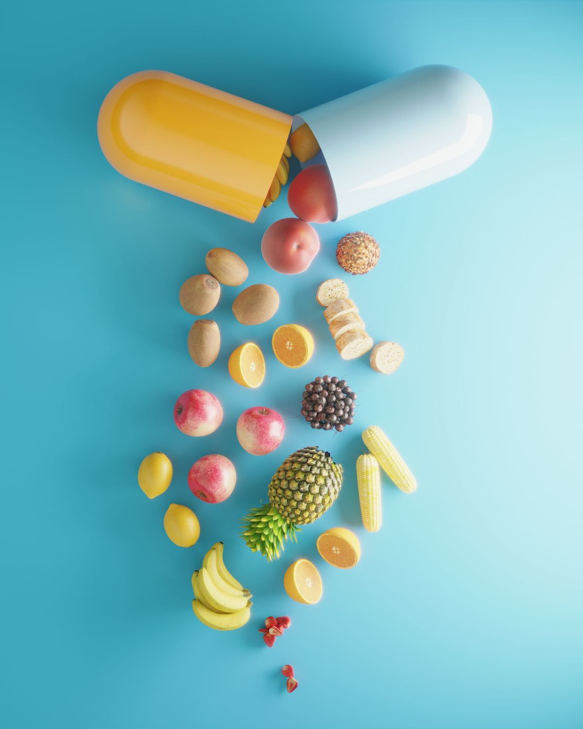 An opening capsule and coming through foods, fruits. ( 3d render )